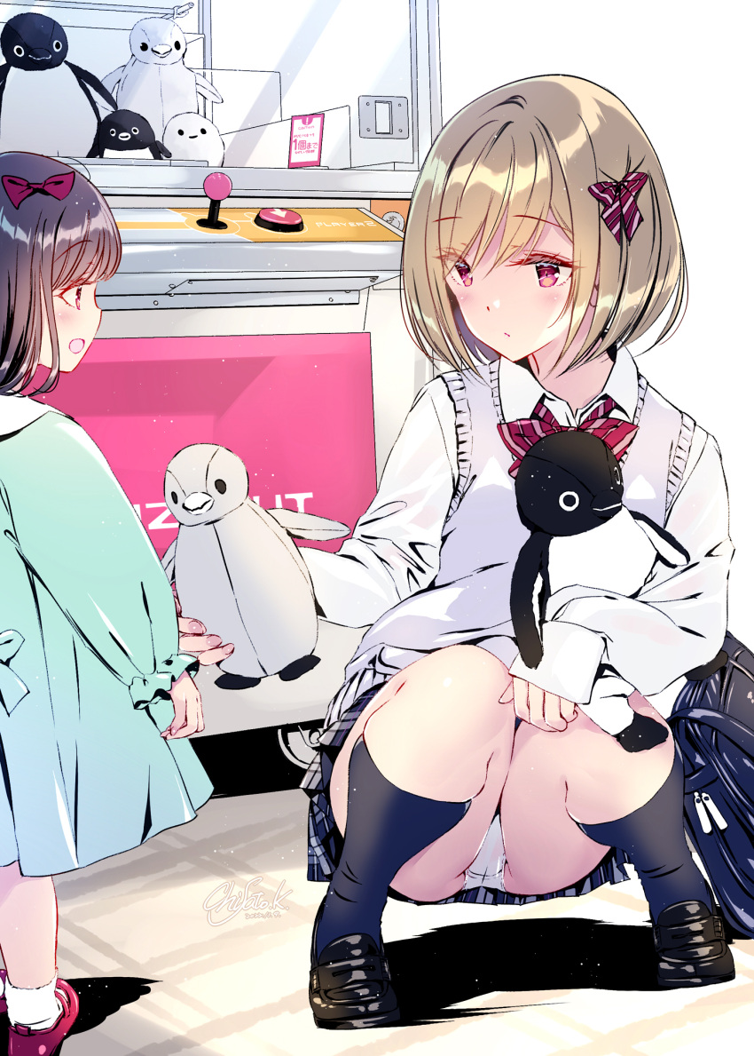 2girls age_difference bag black_footwear black_hair black_socks blue_dress bow child coin_slot crane_game dot_nose dress eyelashes frilled_sleeves frills giving grey_sweater_vest grey_vest hair_bow highres holding holding_stuffed_toy kobayashi_chisato long_sleeves looking_at_another multiple_girls open_mouth original panties pantyshot push-button red_bow school_bag school_uniform shiny shiny_hair shirt shoes short_hair sign socks squatting standing striped striped_bow stuffed_animal stuffed_penguin stuffed_toy sweater_vest underwear vest white_shirt