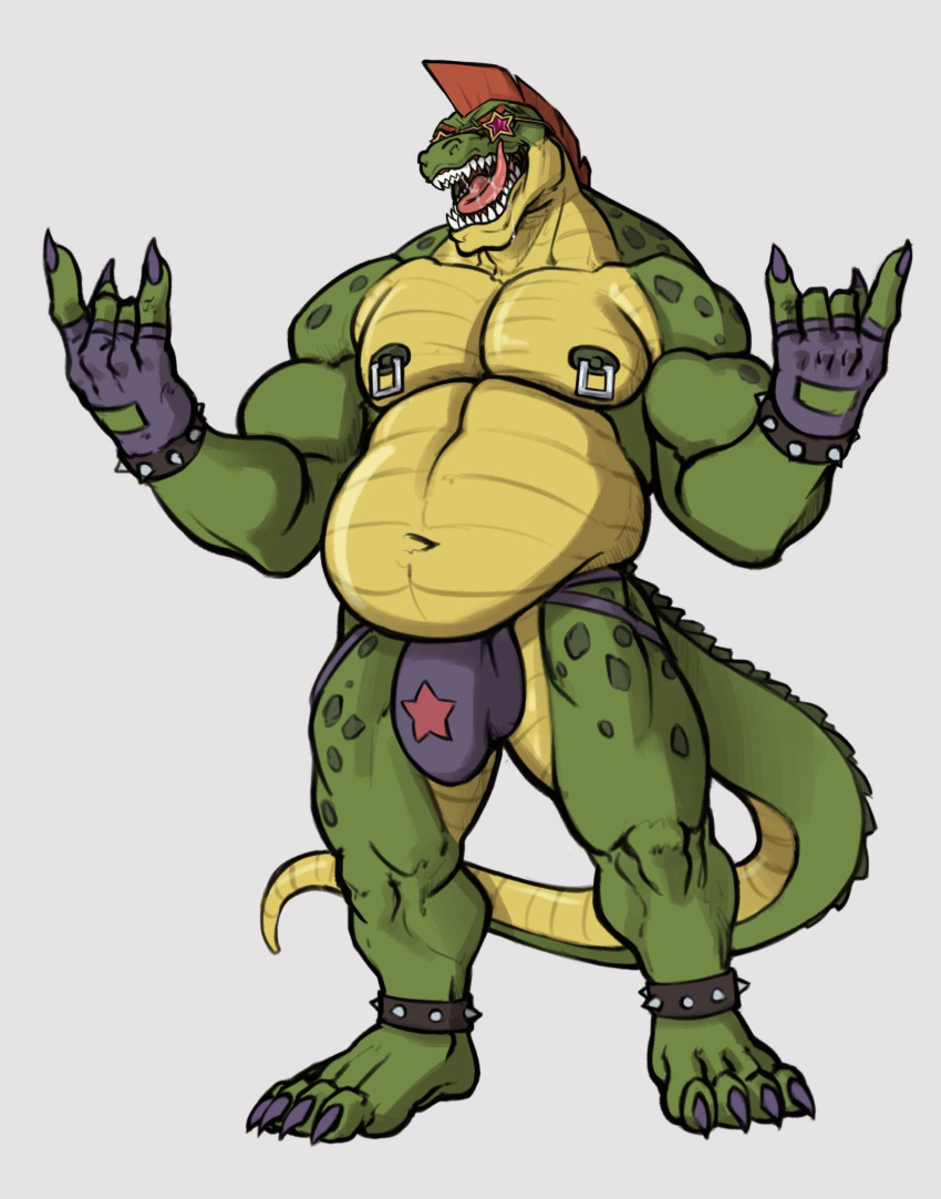 alligatorid anthro bodily_fluids bulge clothing crocodilian eyewear faustoxiii five_nights_at_freddy's five_nights_at_freddy's:_security_breach glasses hi_res licking licking_lips long_tongue male montgomery_gator_(fnaf) muscular muscular_male nipple_piercing nipples overweight overweight_male pecs piercing reptile saliva scalie scottgames sharp_teeth solo strongfat teeth thong tongue tongue_out underwear video_games