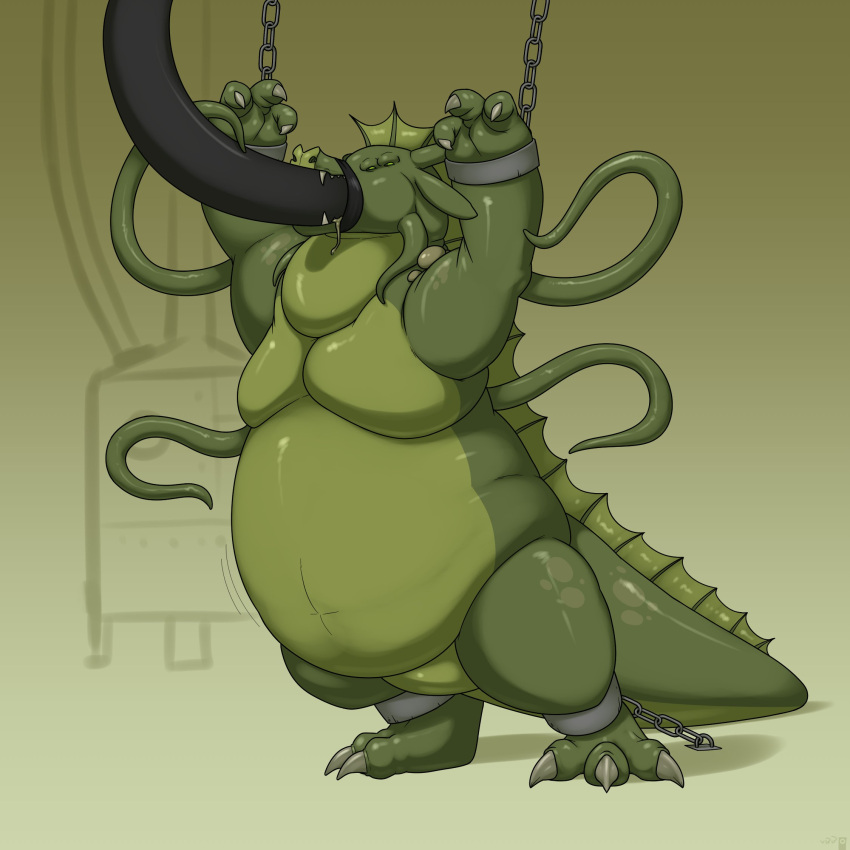 1:1 2021 4_eyes anthro belly big_belly bound chain claws cuff_(restraint) fangs fin force_feeding forced glistening green_body green_eyes hi_res hose hose_in_mouth hose_inflation leaking male multi_eye muzzle_(object) muzzled obese overweight puffed_cheeks restraints shackles simple_background sleal_(real) solo standing swamp_dragon tentacles thick_tail thick_thighs vantablackbox warts weight_gain