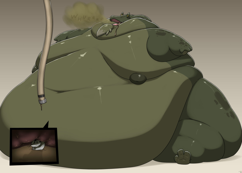 2022 alien anal anal_vore anthro belly belly_overhang big_belly bodily_fluids burping chubby_cheeks didelphid double_chin drooling duo fat_rolls glistening gordie_(vantablackbox) green_body hi_res hose hose_in_butt hose_inflation huge_moobs huge_thighs hydnum_(hogssquealing) hyper hyper_belly hyper_thighs immobile inside_stomach internal love_handles male mammal marsupial moob_squish moobs morbidly_obese navel nipples nude obese open_mouth overweight relaxing saliva satisfied simple_background sitting soft_vore spots thick_arms thick_thighs vantablackbox vore weight_gain yellow_eyes