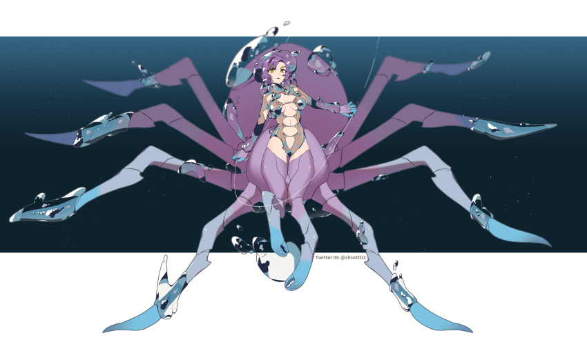 1girl air_bubble arachne arthropod_girl artist_name blue_background blue_skin bubble carapace colored_skin commission full_body highres kizuta_(barometz) liquid_clothes looking_at_viewer monster_girl multicolored_skin open_mouth original purple_hair purple_skin short_hair skeb_commission slit_pupils solo spider_girl taur twitter_username yellow_eyes