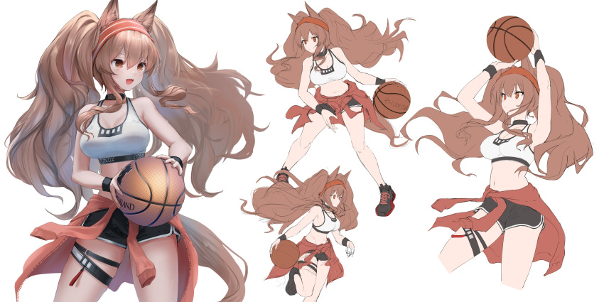 absurdres alternate_costume angelina_(arknights) animal_ears arknights ball bare_legs basketball black_shorts breasts brown_hair clothes_around_waist collar dolphin_shorts expressions fang hairband highres holding holding_ball jacket jacket_around_waist large_breasts legs long_hair multiple_views navel open_mouth orange_eyes red_jacket running serious shoes shorts simple_background sneakers sports_bra sportswear standing sthk sweat tail thigh_strap throwing twintails unfinished very_long_hair white_background white_sports_bra