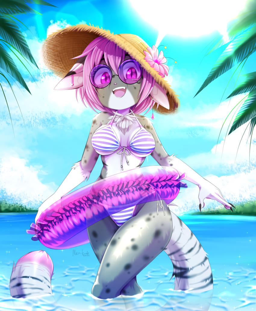 absurd_res anthro bikini bikini_bottom bikini_top breasts claws clothing domestic_cat felid feline felis female fur fynnley_(character) hat headgear headwear hi_res mammal mixed_breed palm_tree plant pool_float savannah_cat sea seaside solo swimwear tree vadimkadno water wet wet_body wet_fur