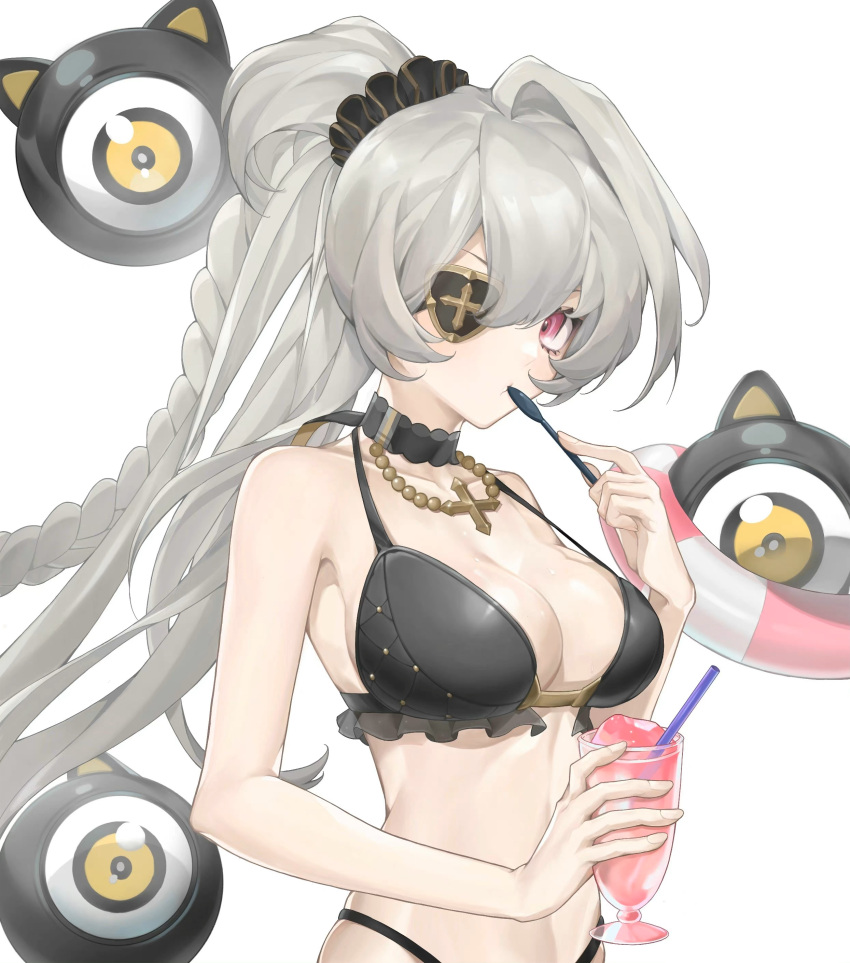 1girl :3 absurdres alchemy_stars bangs bare_shoulders bead_necklace beads bikini black_bikini braid breasts choker cleavage cup drinking_straw eicy_(alchemy_stars) eicy_(onyx_iris)_(alchemy_stars) eyeball eyepatch grey_hair hair_ornament hair_scrunchie halterneck highleg highleg_bikini highres holding holding_cup holding_spoon innertube jewelry long_hair looking_at_viewer medium_breasts necklace red_eyes scrunchie solo spoon suiccao swimsuit upper_body white_background