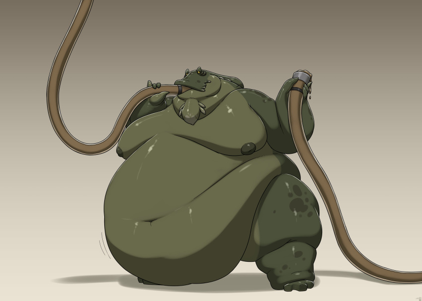 2022 alien anthro belly belly_overhang big_belly chubby_cheeks double_chin fat_rolls glistening gordie_(vantablackbox) green_body hi_res holding_hose hose hose_in_mouth hose_inflation huge_moobs huge_thighs hyper hyper_belly love_handles male moobs morbidly_obese motion_lines navel nipples nude obese overweight simple_background solo spots standing thick_arms thick_thighs vantablackbox weight_gain yellow_eyes