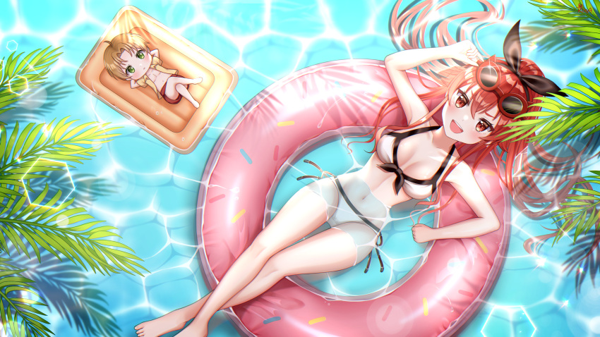 absurdres ahoge artist_request bikini black_bow blonde_hair bow commentary crossed_legs eris_greyrat eyewear_on_head green_eyes highres long_hair mushoku_tensei ocean outdoors palm_leaf red_eyes red_hair red_innertube rudeus_greyrat short_hair swimsuit translated white_bikini