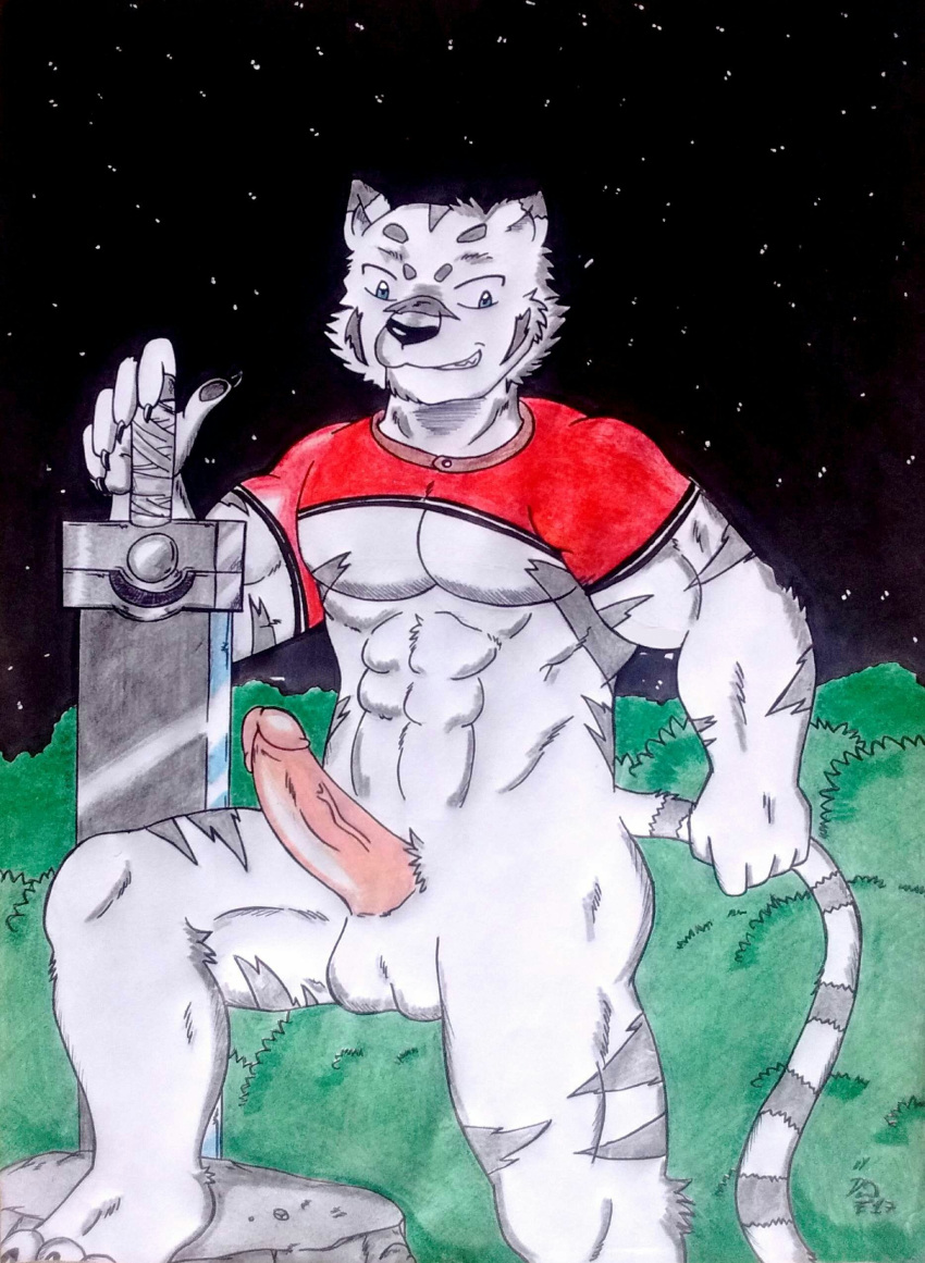 5_fingers abs absurd_res anthro balls barazoku big_muscles big_pecs blue_eyes clothing confident crop_top dashthefox detailed_background felid fingers forest fur genitals grimoire_of_zero grin handmade hi_res male male_anthro mammal manly markings melee_weapon mercenary mercenary_(character) muscular night obliques pantherine pawpads pecs penis pink_penis plant proud red_clothing rock shirt sky smile solo star starry_sky striped_body striped_markings striped_tail stripes sword tail_markings tiger tiger_tail topwear traditional_media_(artwork) tree vein veiny_penis weapon white_body white_fur yohei