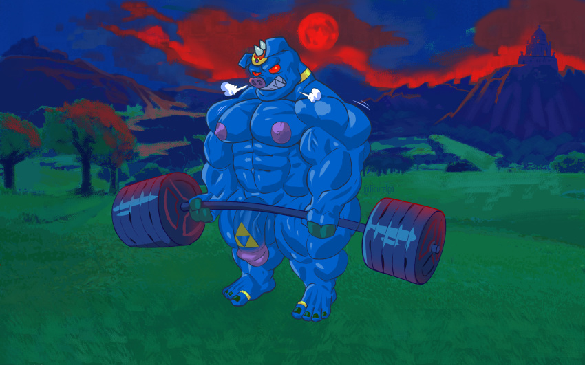 anthro blue_body clothed clothing collar collar_only digital_media_(artwork) domestic_pig erect_nipples erection exercise exhibitionism ganon ganondorf genitals half-erect headgear headwear hi_res hyrule_field lifting male mammal muscular muscular_male nintendo nipples nude penis red_eyes ring_(jewelry) solo suid suina sus_(pig) the_legend_of_zelda tiburalgo triforce triforce_print triforce_symbol video_games weights workout