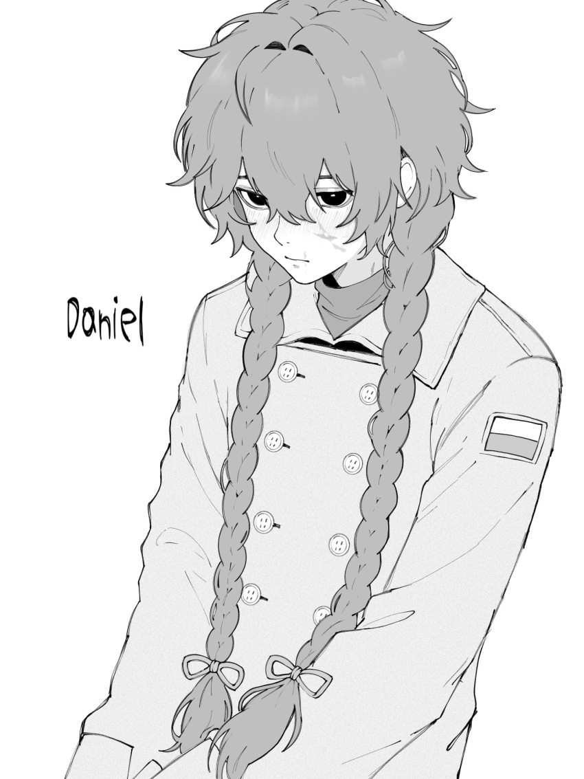1boy blush braid buttons character_name coat collared_coat commentary cowboy_shot daniel_(slavcorpz) english_commentary greyscale highres long_hair monochrome original polish_flag scar scar_on_cheek scar_on_face scar_on_mouth scar_on_neck simple_background slavcorpz solo trap trench_coat twin_braids upper_body white_background