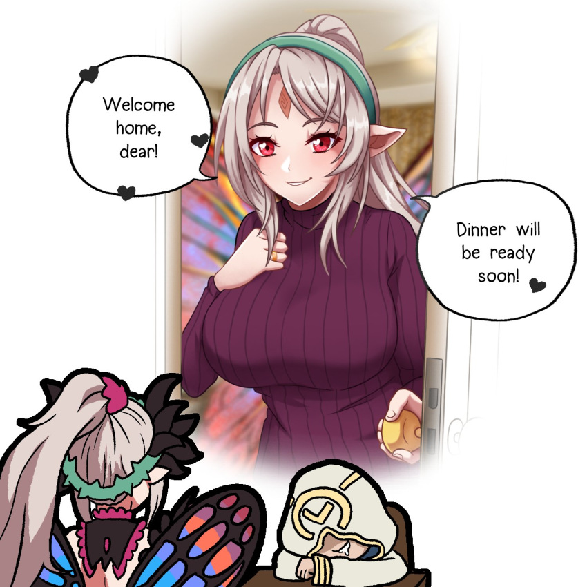 1girl 1other breasts butterfly_wings crown_of_thorns desk dreaming drooling fairy_wings fire_emblem fire_emblem_heroes grey_hair highres hood jewelry kiran_(fire_emblem) large_breasts long_hair no_eyes open_door parted_lips plumeria_(fire_emblem) pointy_ears ponytail red_eyes ring seityr sidelocks sleeping smile speech_bubble sweater teeth wedding_ring wings