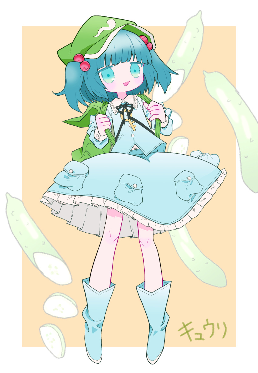 1girl :3 absurdres aqua_eyes backpack bag bangs black_ribbon blue_footwear blue_hair blue_pupils blue_shirt blue_skirt blunt_bangs boots border collared_shirt cucumber flat_cap food-themed_background frilled_shirt_collar frills green_bag green_headwear hair_bobbles hair_ornament hands_up hat highres holding_strap il_cocokana kawashiro_nitori key legs_apart long_sleeves looking_at_viewer medium_hair neck_ribbon no_nose orange_background outside_border pale_color parted_lips petticoat pigeon-toed pocket puffy_long_sleeves puffy_sleeves ribbon rubber_boots shirt skirt skirt_set solo standing touhou two_side_up undershirt w_arms white_border