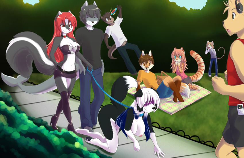 anthro bdsm blindfold canid canine canis crawling domestic_dog dominant dominant_female exhibitionism felid feline female frisbee group janice_carter leash_and_collar male mammal mephitid mouse murid murine nipples nude park picnic rodent sidewalk skunk spazzykoneko walking