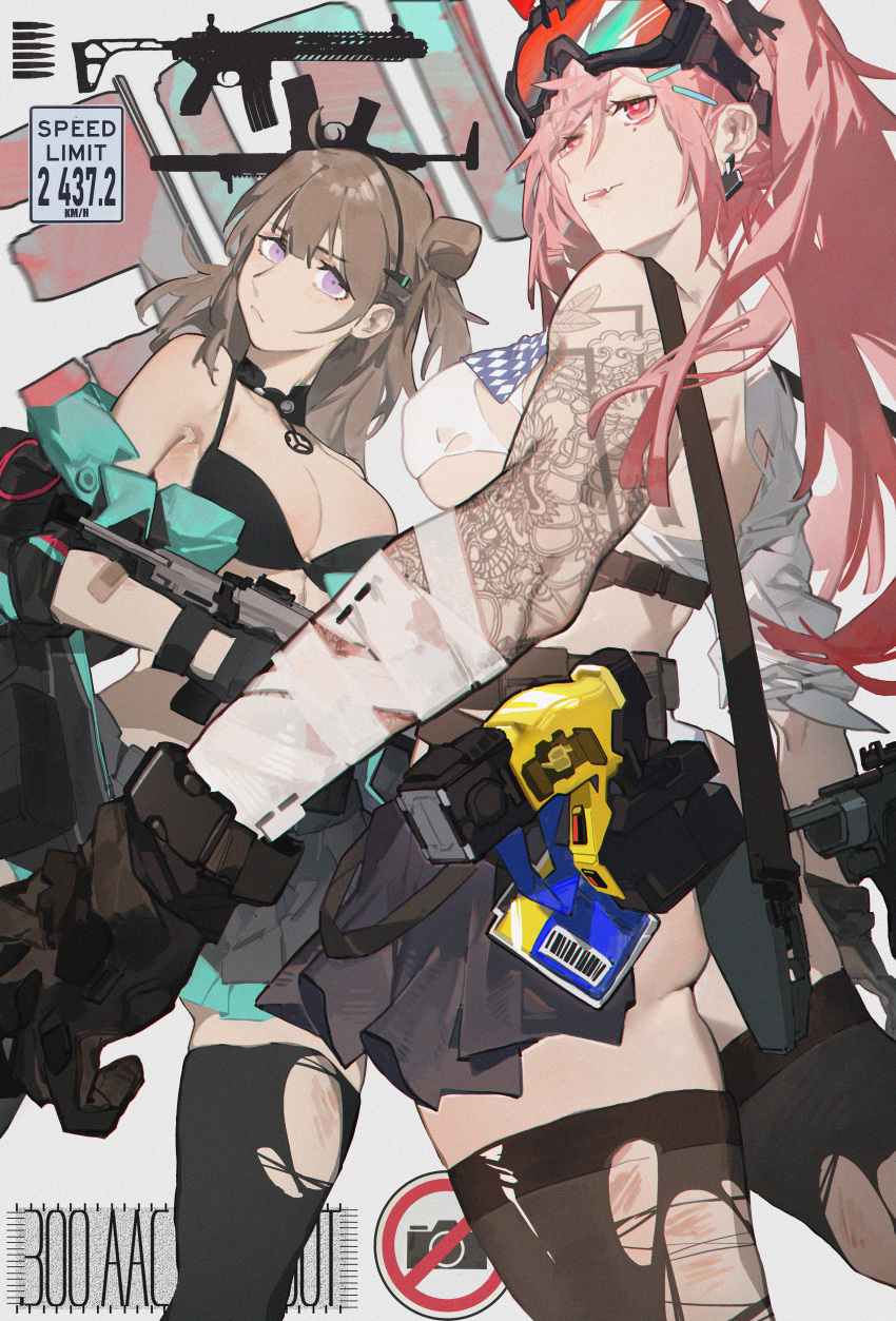 2girls absurdres ammunition_belt arm_tattoo assault_rifle back bandaged_arm bandages bangs bare_shoulders bbsinday bikini bikini_top_only black_bikini black_bra black_gloves black_hairband black_jacket black_skirt black_thighhighs blush bra breasts cleavage closed_mouth detached_collar double_bun earrings english_text eyewear_on_head fangs feet_out_of_frame girls'_frontline gloves grey_skirt gun gun_on_back hair_bun hair_ornament hairband hairpin highres holding holding_gun holding_weapon honey_badger_(girls'_frontline) honey_badger_(gun) jacket jacket_pull jewelry large_breasts light_brown_hair light_purple_hair light_smile long_hair looking_at_another looking_away medium_breasts mole mole_under_eye multiple_girls necklace open_clothes open_jacket open_mouth parted_lips pink_hair red_hair rifle safety_glasses shirt sig_mcx_(girls'_frontline) sig_sauer_mcx simple_background skirt sleeves_rolled_up spade_(shape) spade_earrings standing submachine_gun swimsuit tattoo thighhighs torn_clothes torn_shirt torn_thighhighs underwear weapon weapon_on_back white_background white_shirt