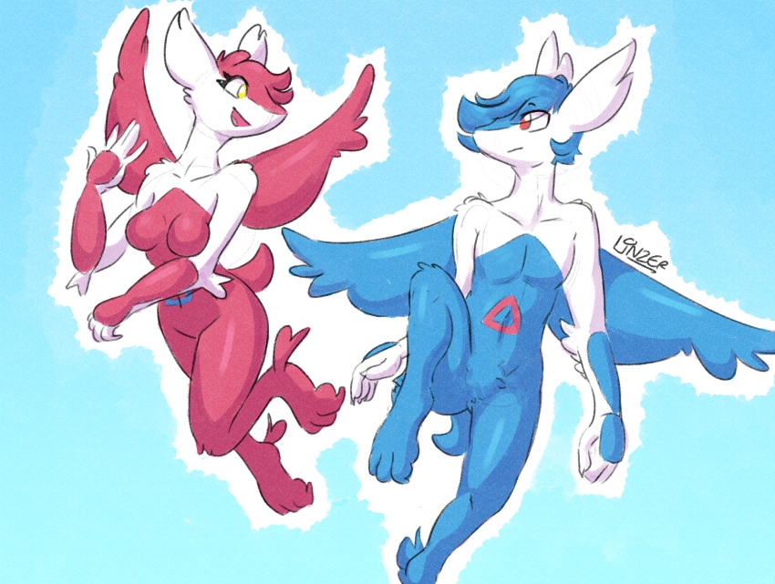 2022 anthro anthrofied blue_hair breasts brother brother_and_sister crotch_tuft duo eye_contact featureless_breasts featureless_crotch female flying generation_3_pokemon greenlinzerd hair hi_res latias latios legendary_pokemon long_hair looking_at_another male navel nintendo nude pokemon pokemon_(species) pokemorph raised_leg red_eyes red_hair shoulder_tuft sibling signature simple_background sister sketch smile tuft underbutt video_games wings yellow_eyes