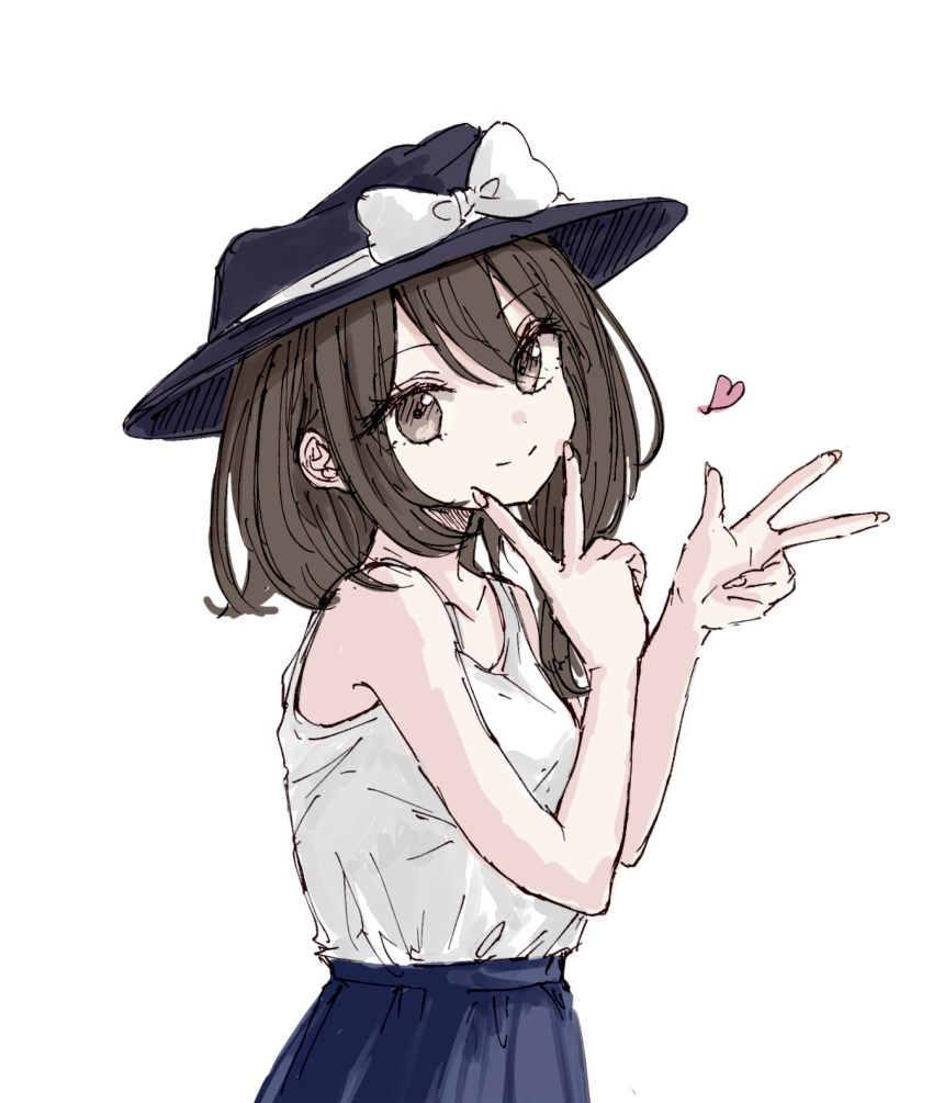 1girl alternate_costume asymmetrical_hair black_hat blue_skirt bow brown_eyes brown_hair closed_mouth collarbone commentary hair_between_eyes hat hat_bow heart highres kashiwada_kiiho looking_at_viewer shirt shirt_tucked_in simple_background skirt smile solo tank_top touhou usami_renko v w white_background white_bow white_shirt white_tank_top