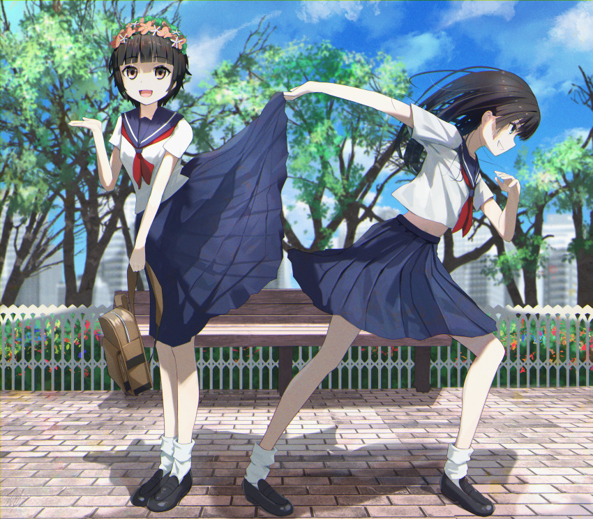 2girls absurdres backpack bag bench black_hair blue_sailor_collar blue_skirt blue_sky brown_eyes clothes_lift cloud day grin head_wreath hidulume highres holding long_hair multiple_girls neckerchief outdoors pleated_skirt red_neckerchief sailor_collar sailor_shirt sakugawa_school_uniform saten_ruiko school_uniform serafuku shaded_face shirt skirt skirt_lift sky smile toaru_kagaku_no_railgun toaru_majutsu_no_index tree uiharu_kazari white_shirt