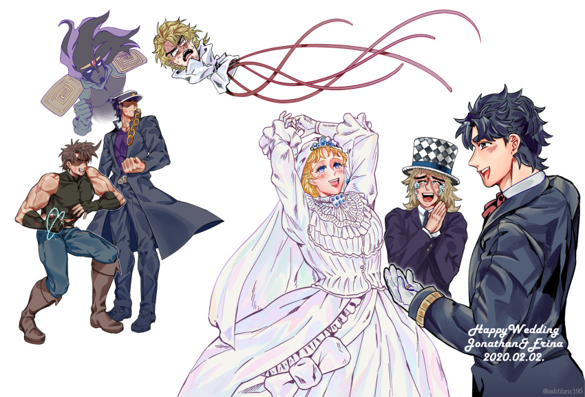 1girl 3boys ashblanc195 bridal_veil dress erina_pendleton gakuran gloves hat highres jewelry jojo_no_kimyou_na_bouken jonathan_joestar joseph_joestar kujo_jotaro multiple_boys ring robert_e._o._speedwagon school_uniform stand_(jojo) star_platinum top_hat veil wedding_dress wedding_ring white_dress white_gloves