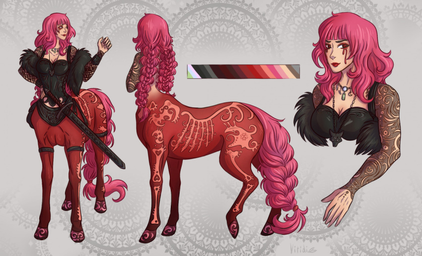 2021 arm_tattoo centaur clothed clothing digital_media_(artwork) equid equid_taur female hair hooves humanoid_taur mammal mammal_taur model_sheet pink_hair solo tattoo taur v.i.r.i.d.i