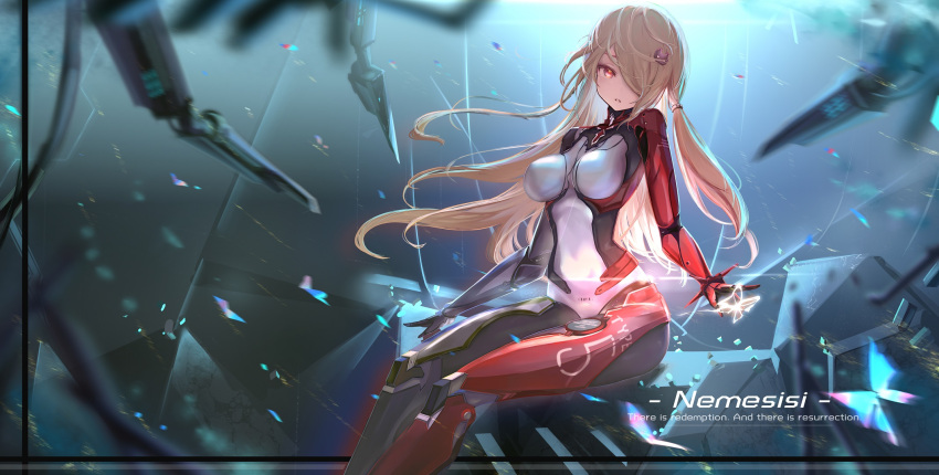 1girl barcode blonde_hair blurry blurry_foreground bodysuit breasts character_name english_text expressionless hair_ornament hair_over_one_eye hairclip highres long_hair looking_at_viewer medium_breasts nemesis_(tower_of_fantasy) orange_eyes sitting skin_tight tower_of_fantasy wangchuan_de_quanyan