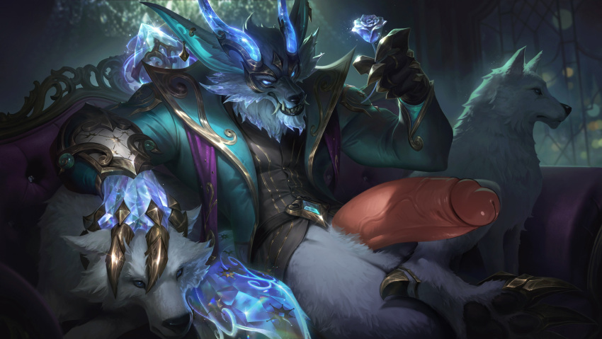 absurd_res anthro big_penis bottomless bottomless_male canid canine canis clothed clothing crystal crystal_horn flower genitals hi_res huge_penis hyper hyper_genitalia hyper_penis league_of_legends male mammal pandarita penis plant pseudo_horn riot_games rose_(flower) solo video_games warwick_(lol) wolf