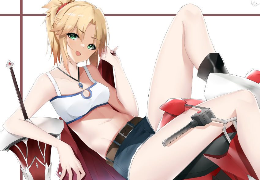1girl absurdres bangs belt black_footwear blonde_hair boots breasts brown_belt chinese_commentary crop_top denim denim_shorts fate/apocrypha fate/grand_order fate_(series) feet_out_of_frame green_eyes grin hair_ornament hair_scrunchie highres holding holding_clothes holding_jacket jacket jacket_over_shoulder jacket_removed jewelry legs looking_at_viewer medium_hair mordred_(fate) mordred_(fate/apocrypha) navel necklace on_motorcycle open_mouth ponytail scrunchie shirt shorts sitting small_breasts smile solo sword thighs weapon white_background white_shirt yanwulazy