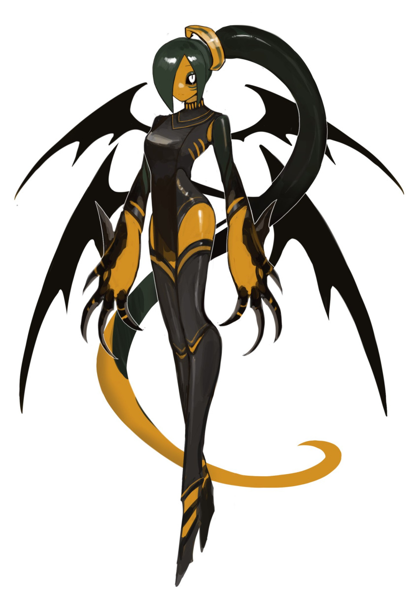 1girl absurdly_long_hair black_leotard black_sclera black_thighhighs claws closed_mouth colored_sclera colored_skin full_body green_hair hair_over_one_eye highres leotard long_hair looking_at_viewer monster_girl multiple_wings one_eye_covered orange_skin original oversized_forearms oversized_limbs pelvic_curtain ruteko_(ruko220) simple_background slit_pupils solo thighhighs very_long_hair white_background white_eyes wings