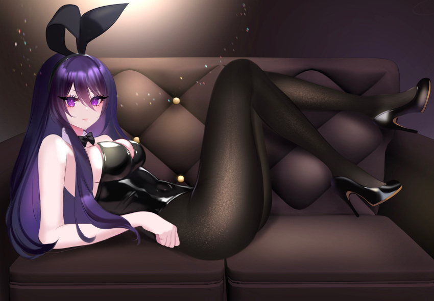 1girl 707arisu absurdres arm_support bangs bare_arms bare_shoulders black_bow black_bowtie black_footwear black_leotard black_pantyhose bow bowtie breasts cleavage closed_mouth commentary_request couch covered_navel curled_fingers detached_collar dot_nose forehead full_body hair_between_eyes high_heels highleg highleg_leotard highres indoors knees_together_feet_apart legs_up leotard light_particles long_bangs long_hair lying medium_breasts on_back original pantyhose pink_eyes playboy_bunny purple_hair solo strapless strapless_leotard thighs