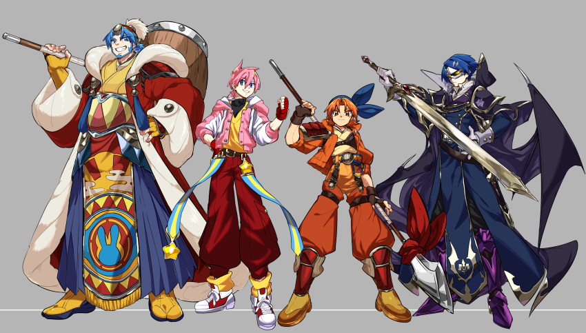 4boys absurdres bandana bandana_waddle_dee beard blue_hair coat facial_hair fingerless_gloves galaxia_(sword) gloves highres jacket kamota_(momokomati) king_dedede kirby kirby_(series) mask meta_knight multiple_boys orange_hair over_shoulder personification pink_hair polearm spear standing sword weapon weapon_over_shoulder wings