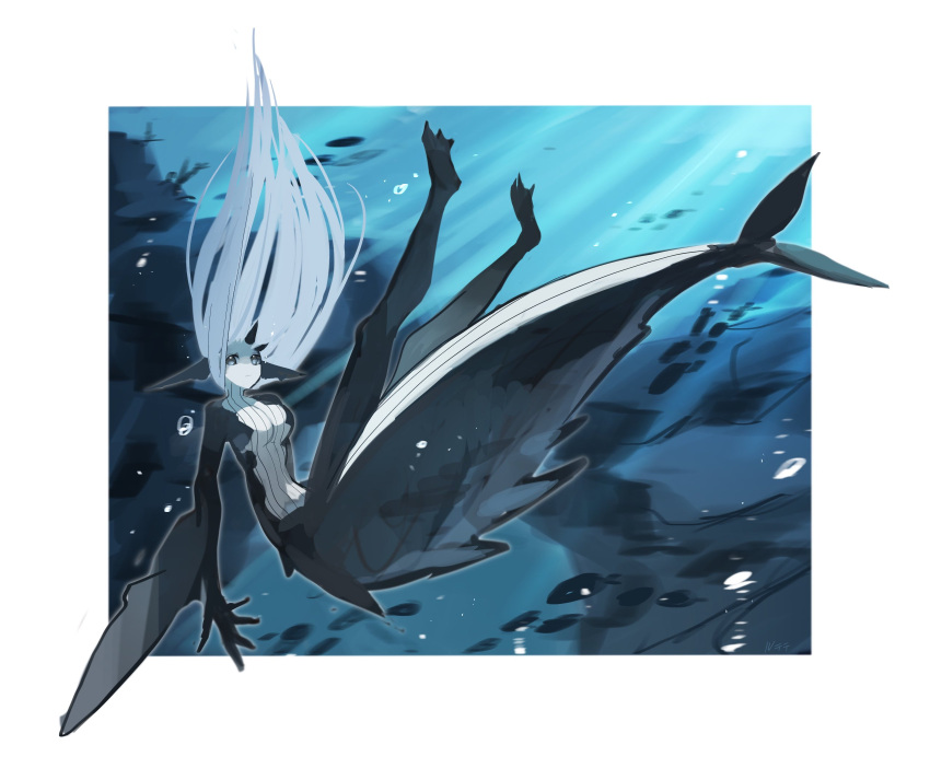 1girl animal_ears black_skin border breasts closed_mouth colored_skin fish_girl fish_tail floating_hair grey_eyes grey_skin highres horns large_breasts looking_at_viewer original ruteko_(ruko220) solo tail underwater white_border