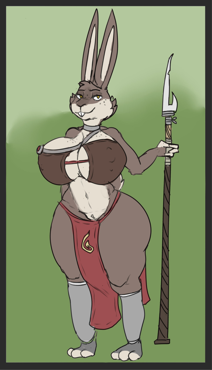absurd_res anthro big_breasts bottomwear breasts buckteeth clothing collar curvy_figure freckles genitals hi_res holding_object holding_weapon huge_breasts lagomorph leporid loincloth long_ears mammal melee_weapon navel nipple_outline polearm pussy rabbit spear teeth thick_thighs tribal weapon wide_hips yerbabuena