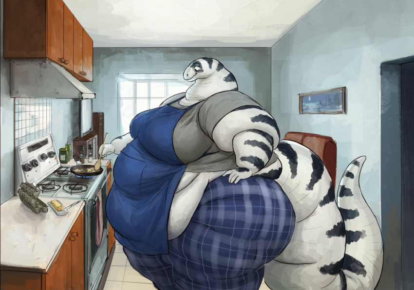 anthro appliance apron belly belly_overhang bottomwear butter california_kingsnake cettus clothing cooking cupboard dairy_products egg fat_rolls female food hi_res inside kitchen maeve_gibson morbidly_obese obese obese_anthro obese_female overweight overweight_anthro overweight_female pants reptile scalie shirt snake solo standing stove striped_body stripes thick_tail topwear white_body white_skin window