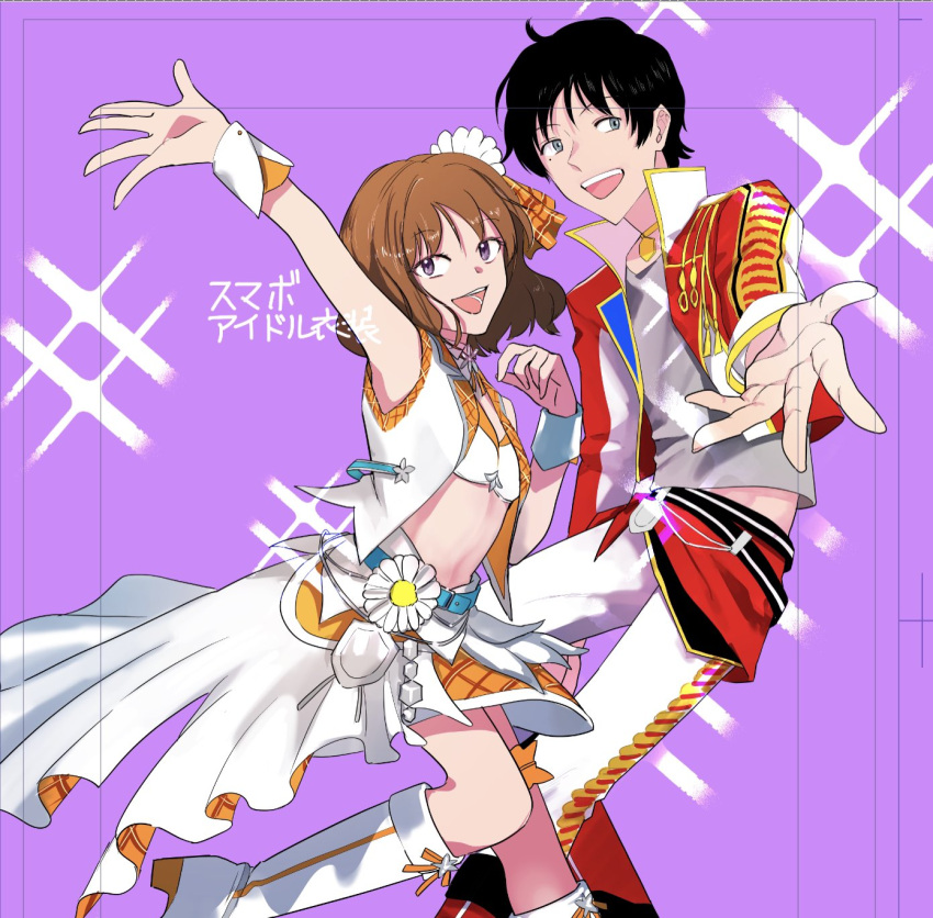 1boy 1girl arm_up belt black_hair boots brown_hair epaulettes flower green_eyes hair_flower hair_ornament highres idol_clothes knee_boots long_sleeves looking_at_viewer midriff oki_kouji outstretched_hand popped_collar sleeveless smile to_3_wa ui_madoka unfinished white_footwear world_trigger wrist_cuffs