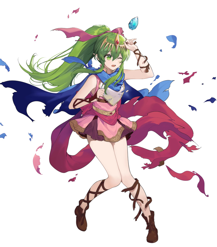 1girl armor bangs blue_cape boots breastplate broken_armor cape dress fire_emblem fire_emblem:_mystery_of_the_emblem fire_emblem_heroes floating floating_object full_body gold_trim green_eyes green_hair hands_up highres jewelry legs long_hair looking_away necklace necomi non-web_source official_art one_eye_closed open_mouth pink_dress pointy_ears ponytail shiny shiny_hair short_dress sleeveless solo stone tiara tiki_(fire_emblem) torn_cape torn_clothes transparent_background