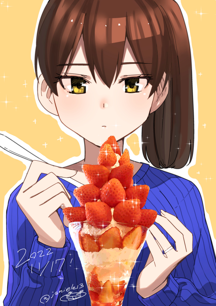 1girl bangs blue_sweater breasts brown_hair closed_mouth commentary_request dated food fruit hair_between_eyes highres holding jewelry kaga_(kancolle) kantai_collection long_sleeves masukuza_j orange_background outline parfait ribbed_sweater ring side_ponytail signature simple_background solo sparkle strawberry sweater twitter_username upper_body wedding_ring white_outline yellow_eyes