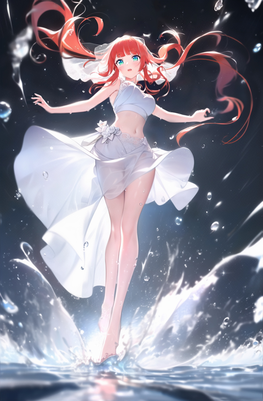 1girl absurdres ai-assisted bangs bare_shoulders barefoot blush breasts bridal_veil bride eyebrows_hidden_by_hair genshin_impact green_eyes highres large_breasts legs long_hair navel nilou_(genshin_impact) open_mouth raiki red_eyes solo standing standing_on_liquid veil