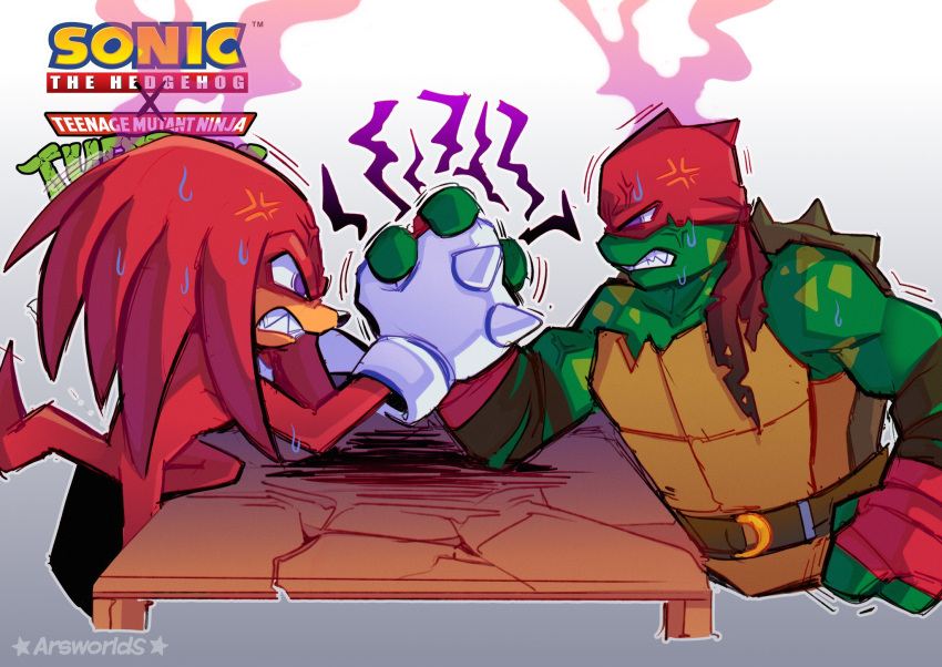 2022 angry anthro arm_wrestling arsworlds bodily_fluids clothing crossover duo echidna english_text eye_contact furniture gloves handwear hi_res knuckles_the_echidna looking_at_another male mammal mask monotreme raphael_(tmnt) reptile scalie sega signature sonic_the_hedgehog_(series) sweat table teenage_mutant_ninja_turtles teeth text turtle