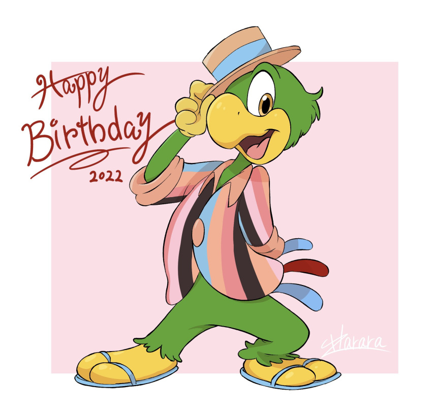 2022 amber_eyes anniversary anthro avian beak biped bird birthday clothing disney feathers footwear gloves green_body green_feathers hand_behind_back handwear happy_birthday harara hat hat_tip headgear headwear hi_res jos&eacute;_carioca male open_mouth open_smile parrot pattern_clothing pattern_shirt pattern_topwear pork_pie_hat sandals shirt signature simple_background smile solo striped_clothing striped_shirt striped_topwear stripes tail_feathers the_three_caballeros topwear yellow_beak yellow_clothing yellow_gloves yellow_handwear