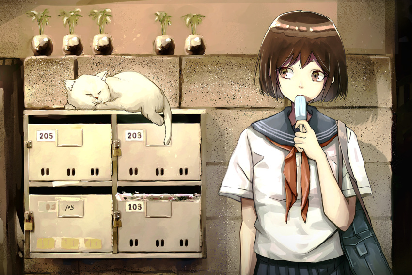 1girl bag blue_skirt brown_eyes brown_hair cat closed_eyes food holding holding_food lock original osakanaotoko padlock plant pleated_skirt popsicle potted_plant sailor_collar school_bag school_uniform shirt skirt solo wall white_cat white_shirt