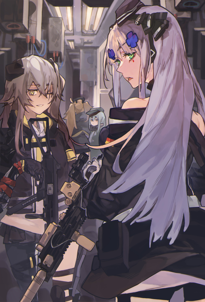 404_(girls'_frontline) 4girls absurdres assault_rifle asymmetrical_legwear bangs bbsinday black_gloves black_hairband black_headwear black_jacket black_skirt black_thighhighs blue_hair brown_hair chinese_commentary feet_out_of_frame from_side g11_(girls'_frontline) german_flag girls'_frontline gloves green_eyes grey_hair gun h&amp;k_hk416 h&amp;k_ump45 hair_ornament hair_ribbon hairband hairclip heckler_&amp;_koch highres hk416_(girls'_frontline) holding holding_gun holding_weapon jacket jacket_pull light_blue_hair long_hair long_sleeves looking_at_viewer multiple_girls one_eye_closed open_clothes open_jacket open_mouth ribbon rifle shirt side_ponytail skirt standing submachine_gun tactical_clothes teardrop_facial_mark teardrop_tattoo teeth thighhighs twintails ump45_(girls'_frontline) ump9_(girls'_frontline) upper_teeth weapon white_shirt yellow_eyes