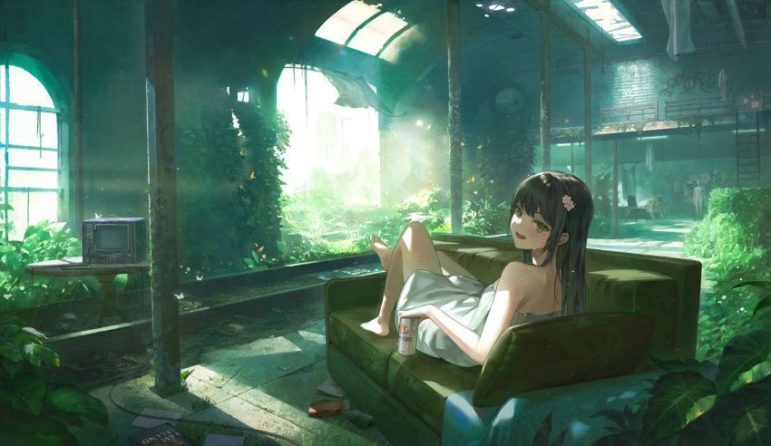 1girl absurdres bangs black_hair blinds building couch day flower hair_flower hair_ornament highres ikkia indoors leaf long_hair naked_towel open_mouth original plant potted_plant scenery sitting smile solo sunlight towel vines white_flower window