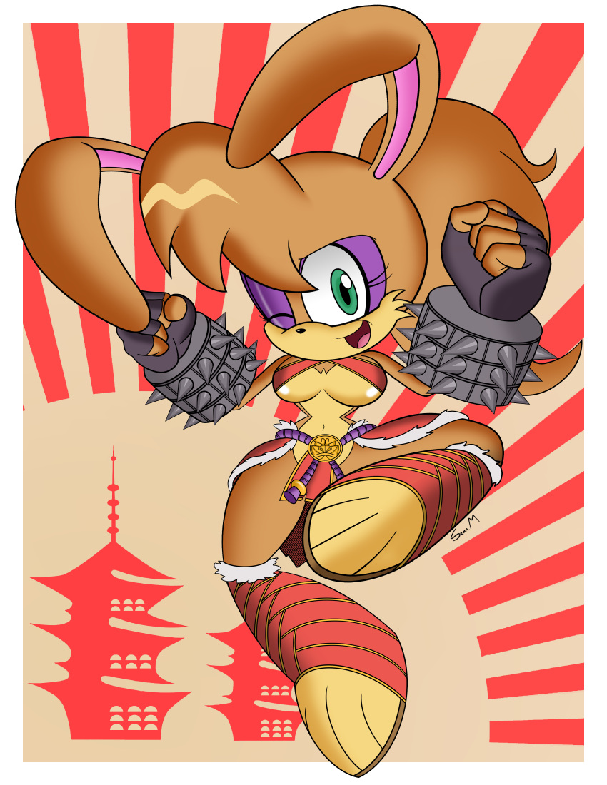 absurd_res anthro archie_comics armor big_breasts big_ears bracelet bracers breasts bunnie_rabbot cleavage clothed clothing curvaceous curvy_figure female fingerless_gloves glistening glistening_body gloves hair handwear hi_res japanese jewelry lagomorph leporid mammal mobian_monster ponytail rabbit sega solo sonic_the_hedgehog_(archie) sonic_the_hedgehog_(comics) sonic_the_hedgehog_(series) spiked_bracelet spikes under_boob voluptuous wide_hips