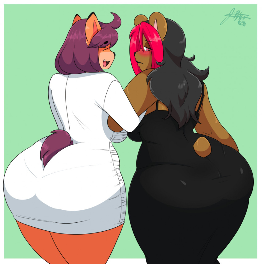 anthro big_breasts big_butt black_hair blush breasts brown_body brown_fur butt clothed clothing dress duo eyes_closed female fully_clothed fur hair hi_res huge_butt jwinkz mammal open_mouth rear_view smile tight_clothing ursid wide_hips