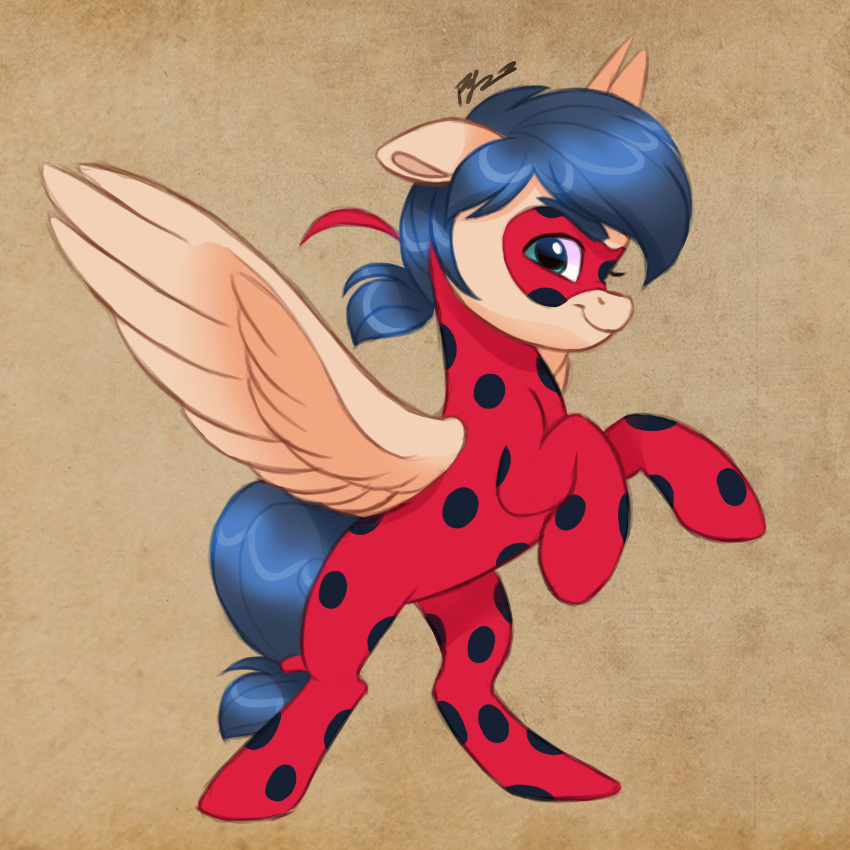 1:1 absurd_res artharuhi blue_hair bodysuit clothing equid equine feathered_wings feathers female hair hasbro hi_res mammal marinette_dupain-cheng mask miraculous_ladybug my_little_pony pegasus ponification signature skinsuit smile solo tight_clothing wings