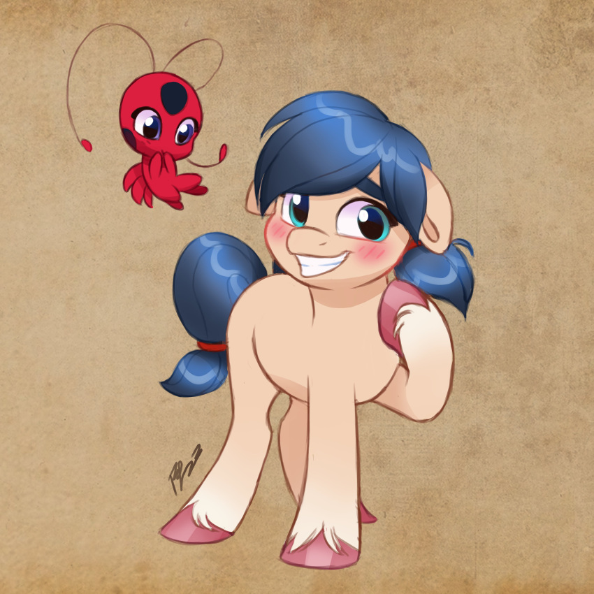 1:1 absurd_res artharuhi arthropod beetle blue_eyes blue_hair blush cucujoid duo equid equine feathered_wings feathers female hair hasbro hi_res horse insect ladybug mammal marinette_dupain-cheng miraculous_ladybug my_little_pony pegasus ponification pony signature smile wings