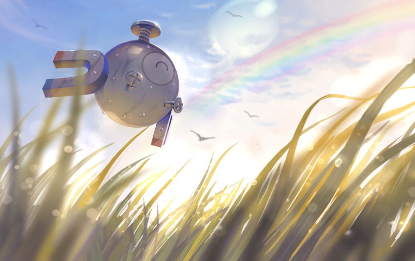 =_(9_yawbus) ^_^ blurry closed_eyes cloud commentary_request day floating from_below grass highres magnemite no_humans outdoors pokemon pokemon_(creature) rainbow screw sky solo wet