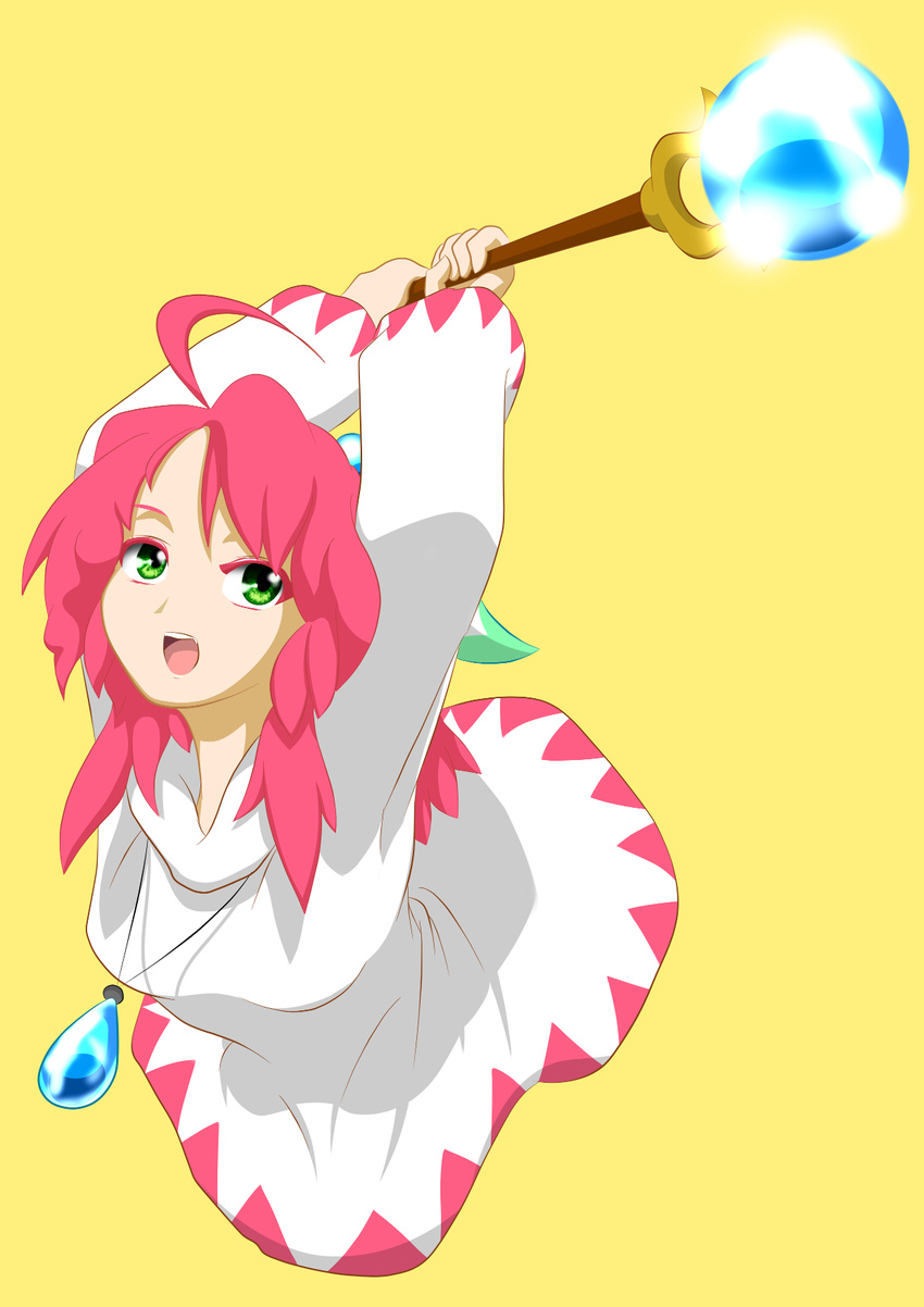 arms_up female final_fantasy green_eyes highres hood jewelry long_hair open_mouth pendant pink_hair plugman_(artist) robe shirma simple_background solo staff white_mage