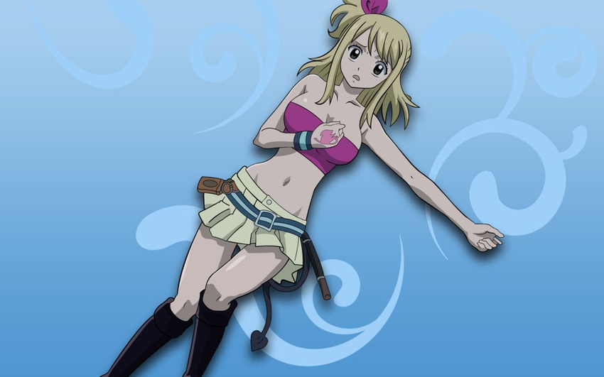 belt blond_hair blonde blonde_hair boots breasts brown_eyes cleavage fairy_tail hand_on_another's_chest hand_on_chest knee_boots lucy_heartfilia lying ribbon side_ponytail skirt tattoo tube_top tubetop whip