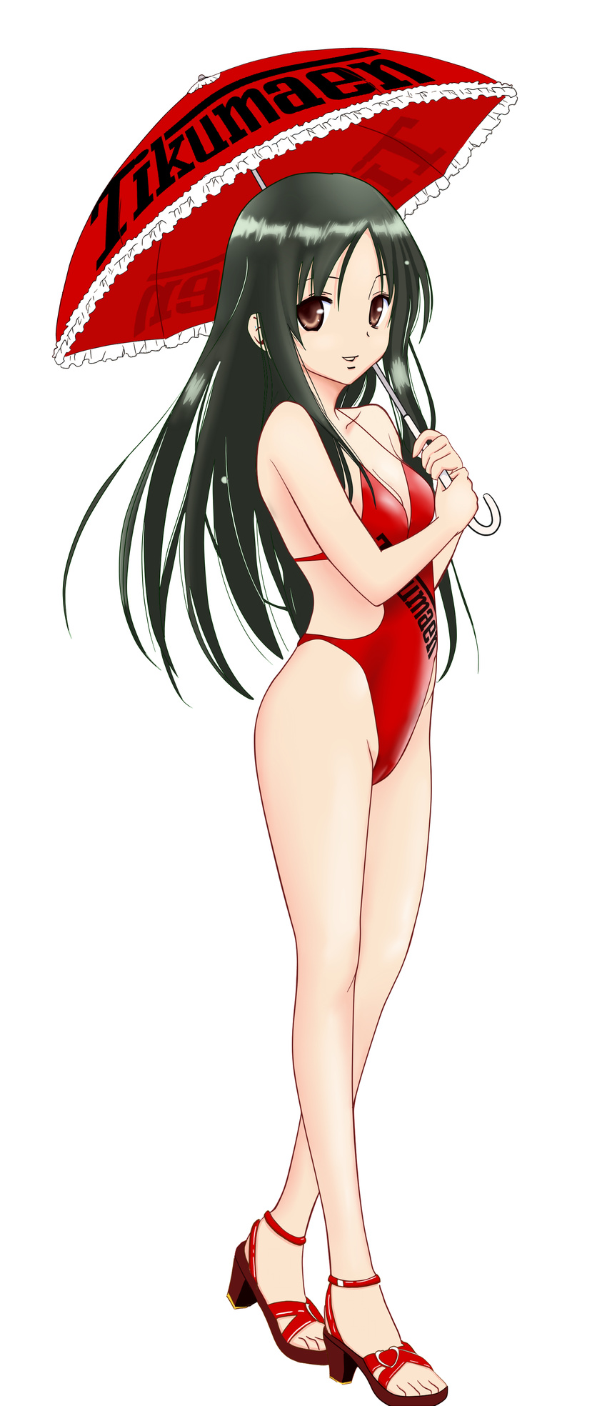 1girl absurdres chikumaen_kaho female full_body highres legs long_hair mayoi_neko_overrun! photoshop simple_background smile solo swimsuit thighs umbrella vector vector_trace white_background