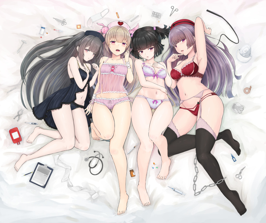 4girls absurdres arm_up babydoll bandage bandaged_arm bandages bangs bare_legs bare_shoulders barefoot bed_sheet black_babydoll black_hair black_legwear black_panties blunt_bangs blush bottle bow bow_bra bow_panties bra breasts brown_hair chains cleavage clipboard collarbone commentary_request crossover eyebrows_visible_through_hair frilled_panties frills garter_belt gluteal_fold groin hair_bobbles hair_ornament hand_up hands_up hat hell's_channel highres knee_up long_hair lying medium_breasts minai_karte multiple_crossover multiple_girls nail_polish natori_sana navel no_shoes on_back on_side open_mouth panties parted_lips pill pink_nails pink_panties red_bra red_eyes red_hat red_panties rokudou_mei sana_channel small_breasts stethoscope surgical_mask syringe takajin-chan takajin-channel temari_rin thighhighs toenail_polish toenails twintails underwear underwear_only very_long_hair virtual_clinic virtual_youtuber white_bra white_panties