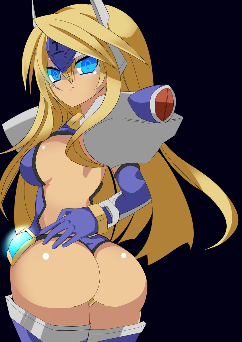 arc_system_works ass blazblue blonde_hair blue_eyes breasts elbow_gloves female gloves highres jontake long_hair looking_back mecha_musume mu-12 shoulder_pads sideboob simple_background solo thighhighs tiara zazizaku